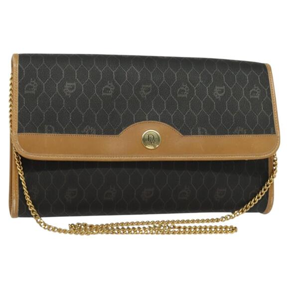 DIOR Honeycomb Canvas Chain Shoulder Bag Pvc Black Gold - Picture 1 of 12